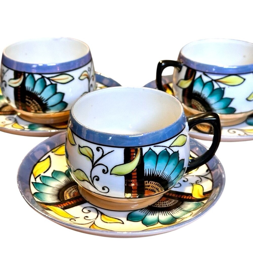 Chikaramachi Teacup Saucer set Of 3 Blue Sunflower vibrant Unique Fun